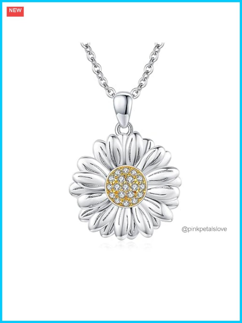 925 Sterling Silver Daisy Flower Pendant Necklace Zircon Adjustable Chain